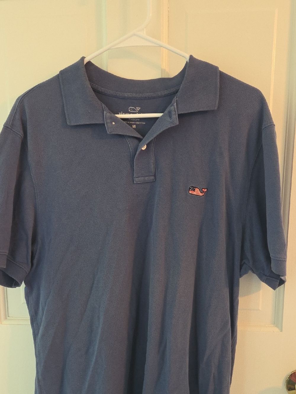 Vineyard Vines Men's Blue Polo Shirt with American Flag Whale Logo